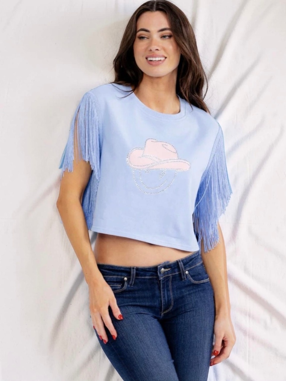 ICE BLUE WOMEN'S SHORT FRINGE SLEEVE GRAPHIC CROP TOP SHIRT SZ-SMALL